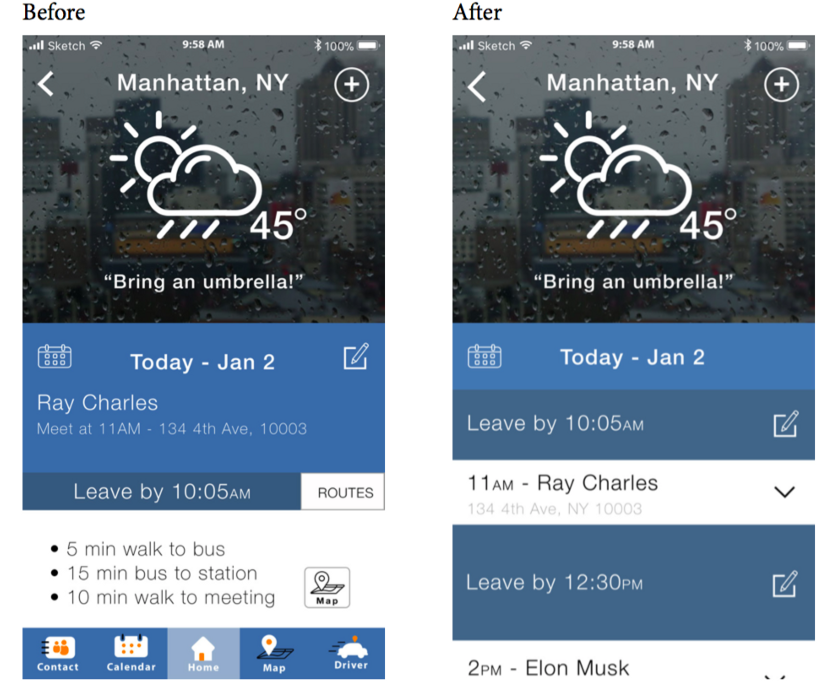 side-by-side screenshots of designs before and after applying feedback from user testing. After design has same calendar contents with clearer layout.